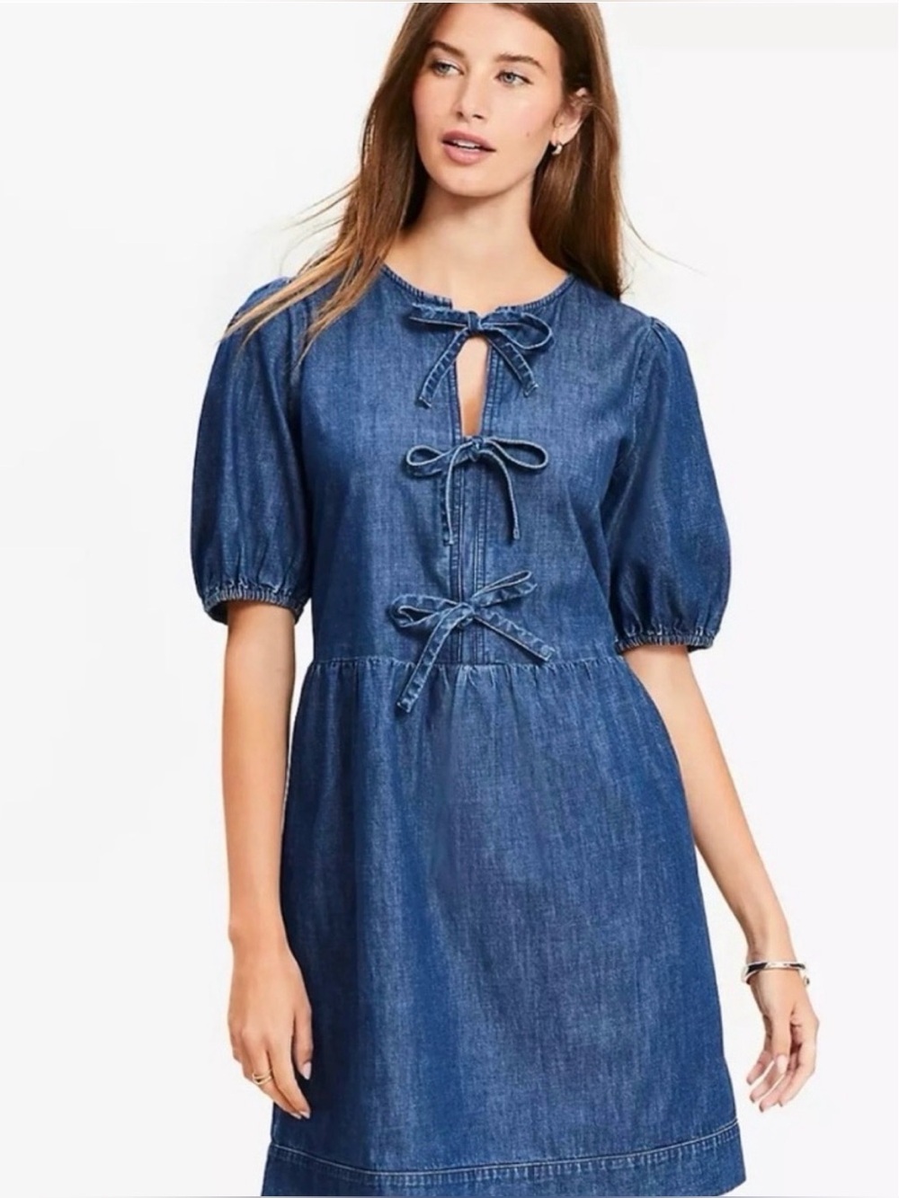 LOFT Denim Tie-Front Puff Sleeve Dress - Blue Medium Petite